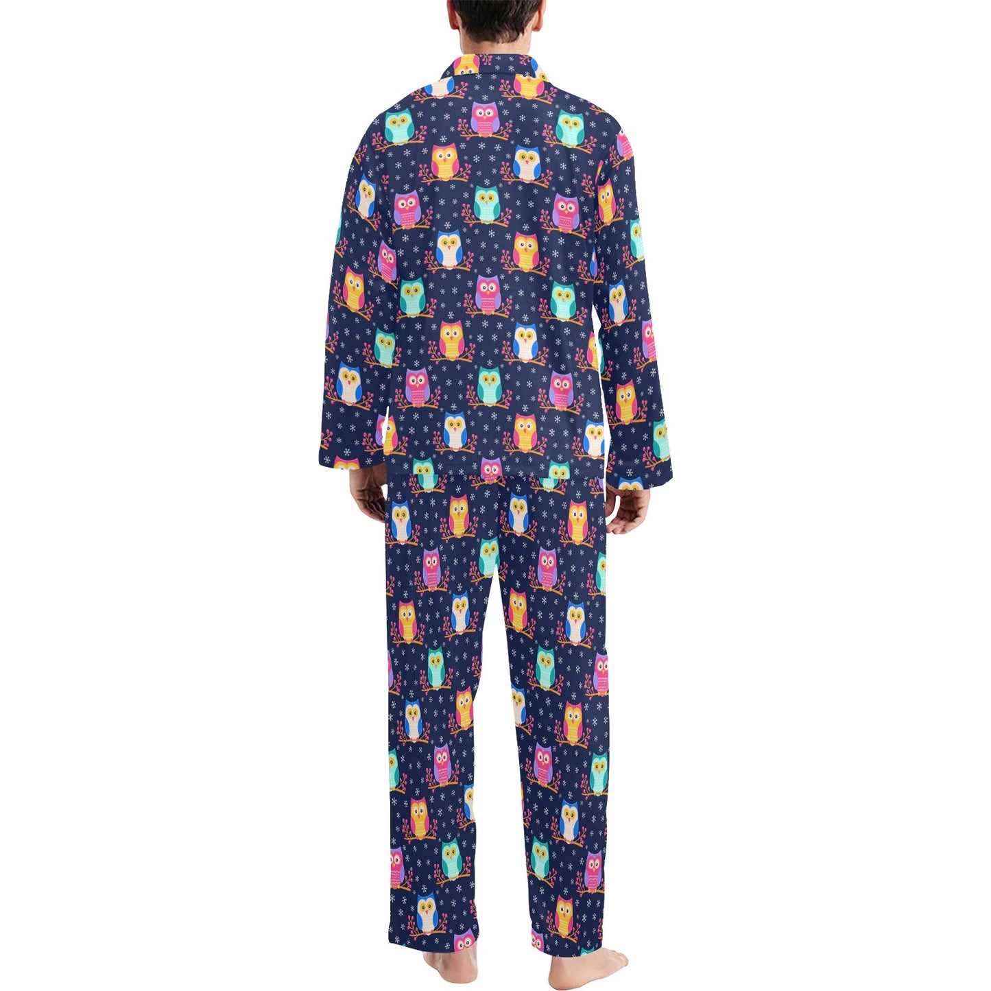 Owl Cute Themed Design Print Men's Long Pajama Set