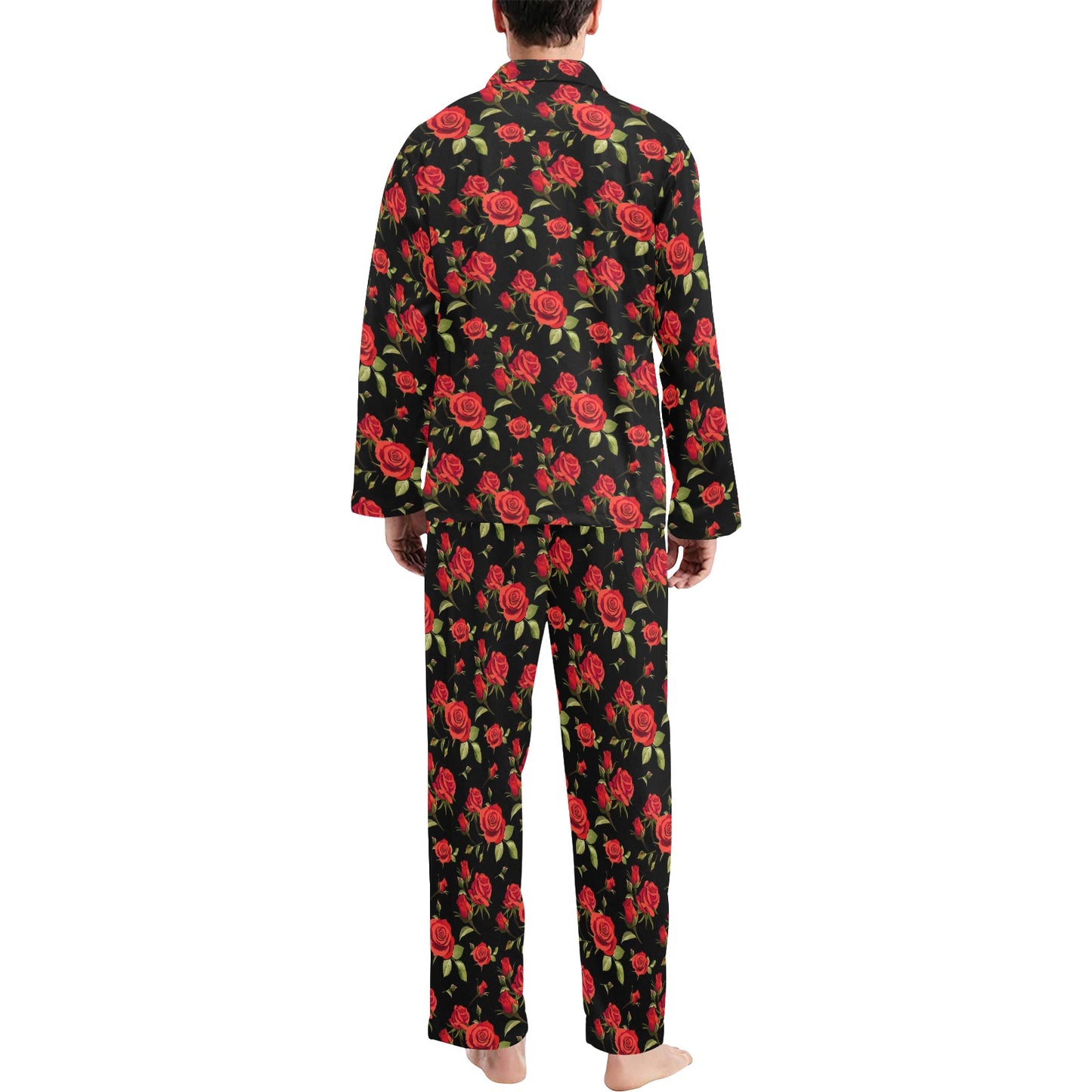 Red Rose Themed Print Men's Long Pajama Set