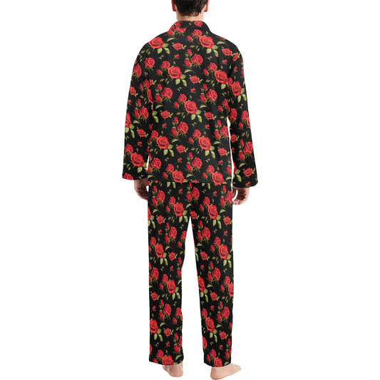 Red Rose Themed Print Men's Long Pajama Set
