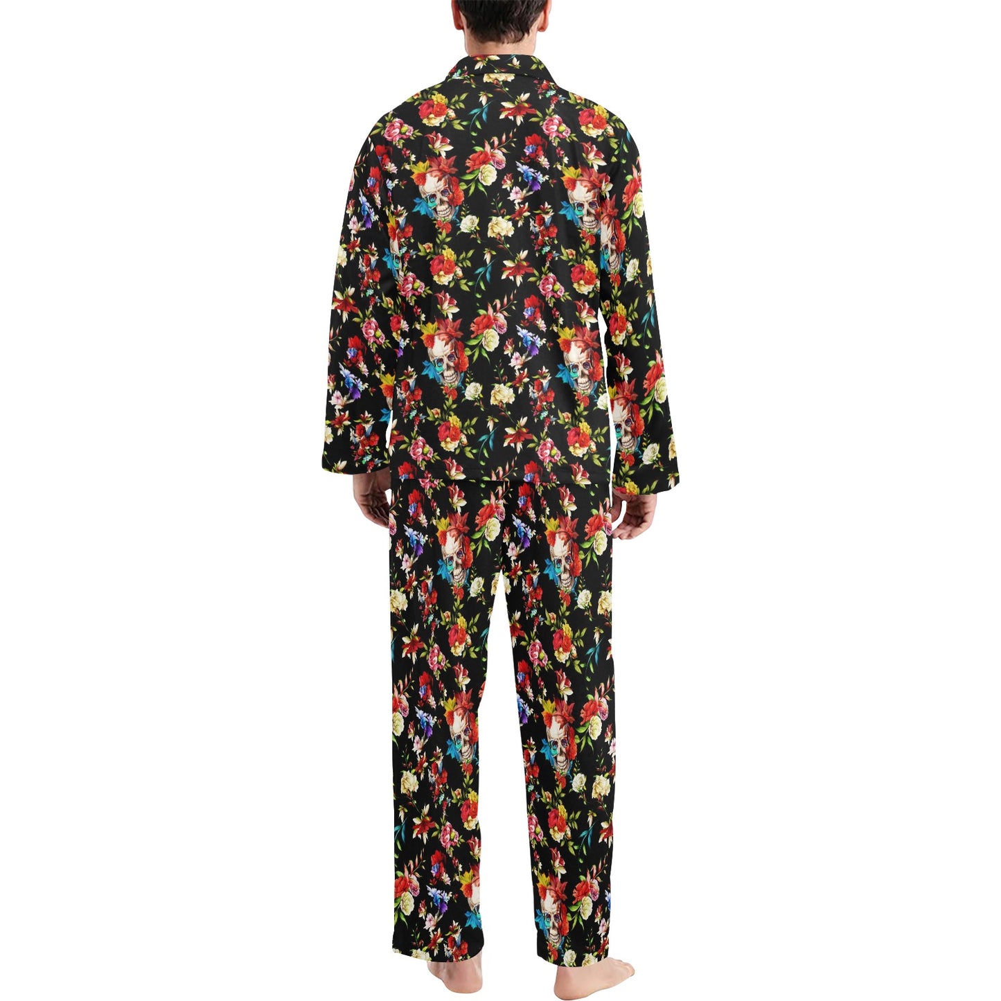 Skull Roses Flower Design Themed Print Men's Long Pajama Set