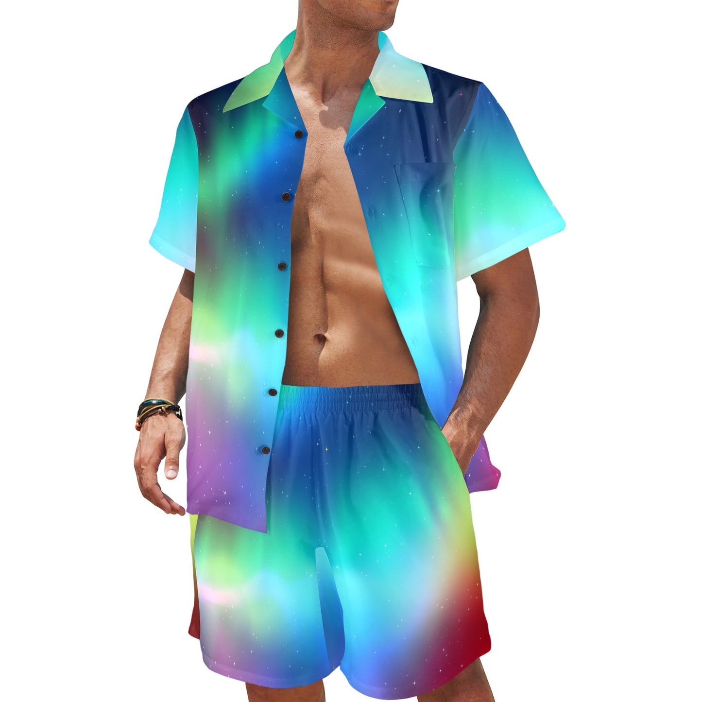 Aurora Borealis Pattern Print Design 02 Men's Beach Shirt and Shorts Set