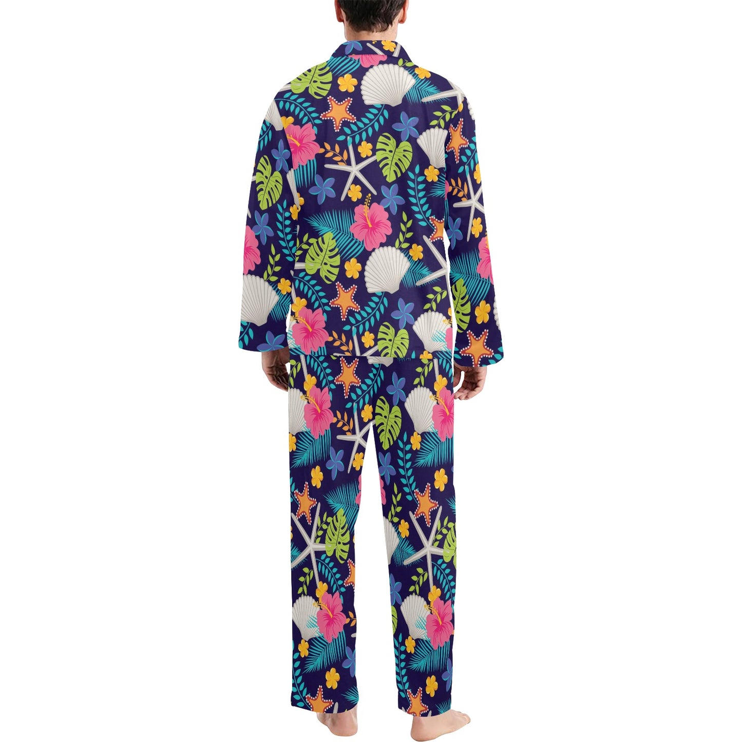 Beach Seashell Floral Theme Men's Long Pajama Set