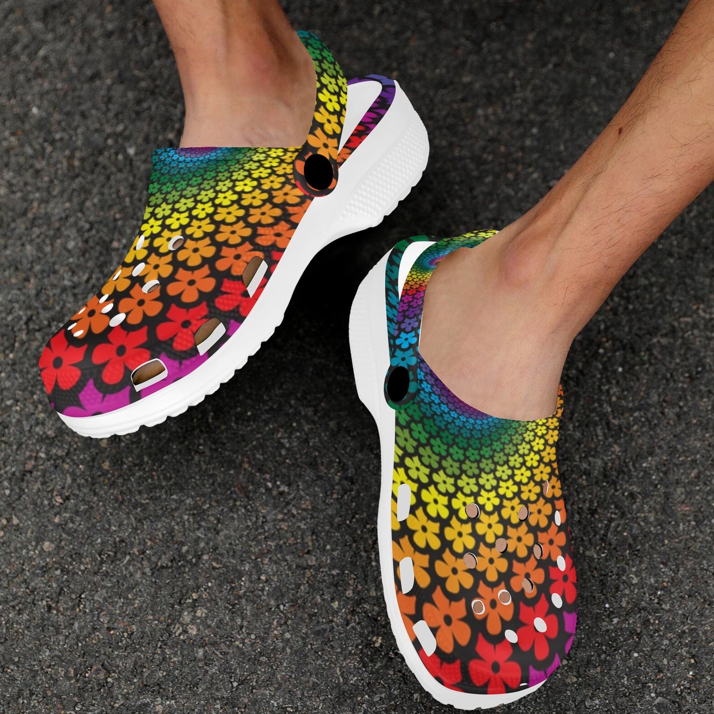 Flower Power Rainbow Spiral Print Unisex Clogs Shoes