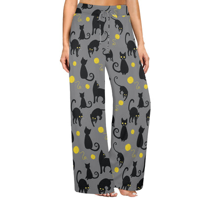 Black Cat Yellow Yarn Print Pattern Women's Wide Leg Lounge Pants