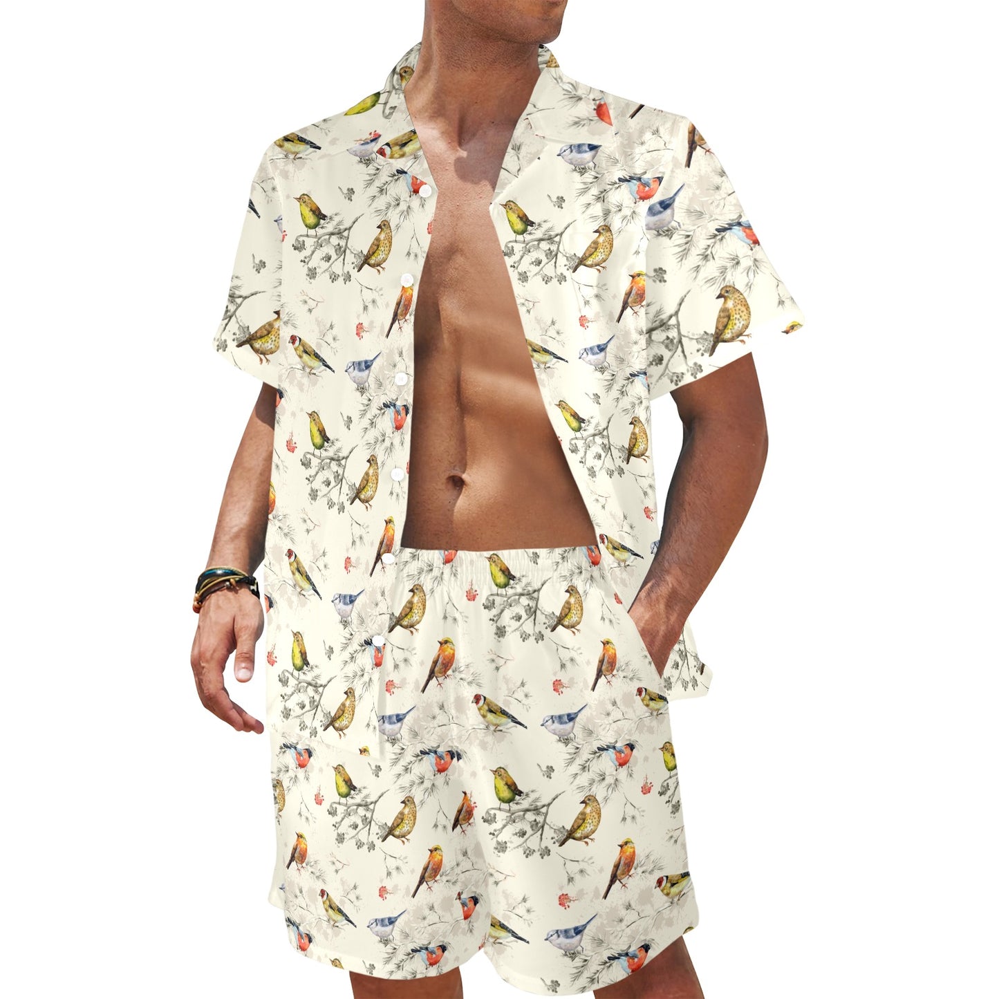Bird Watercolor Design Pattern Men's Beach Shirt and Shorts Set