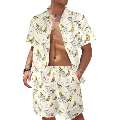 Bird Watercolor Design Pattern Men's Beach Shirt and Shorts Set