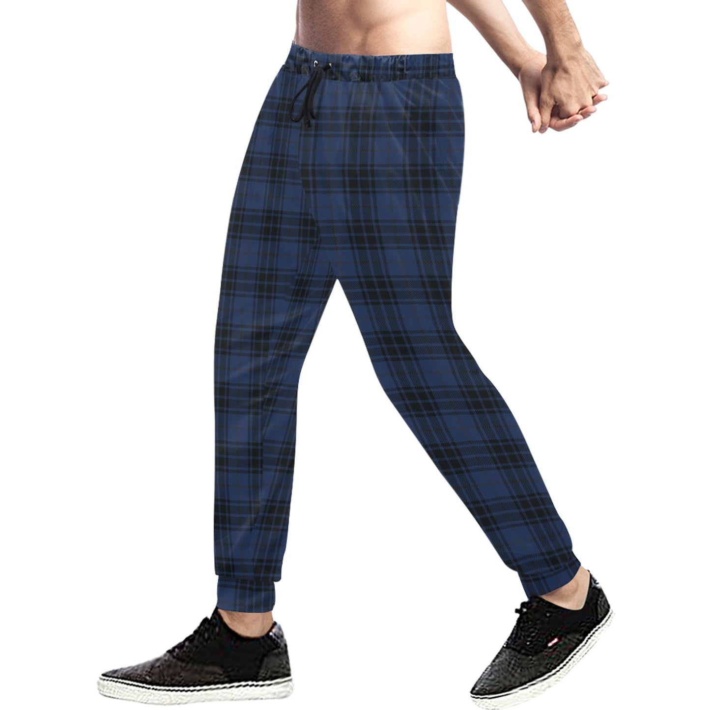 Navy Blue Tartan Plaid Pattern Men's Sweatpants