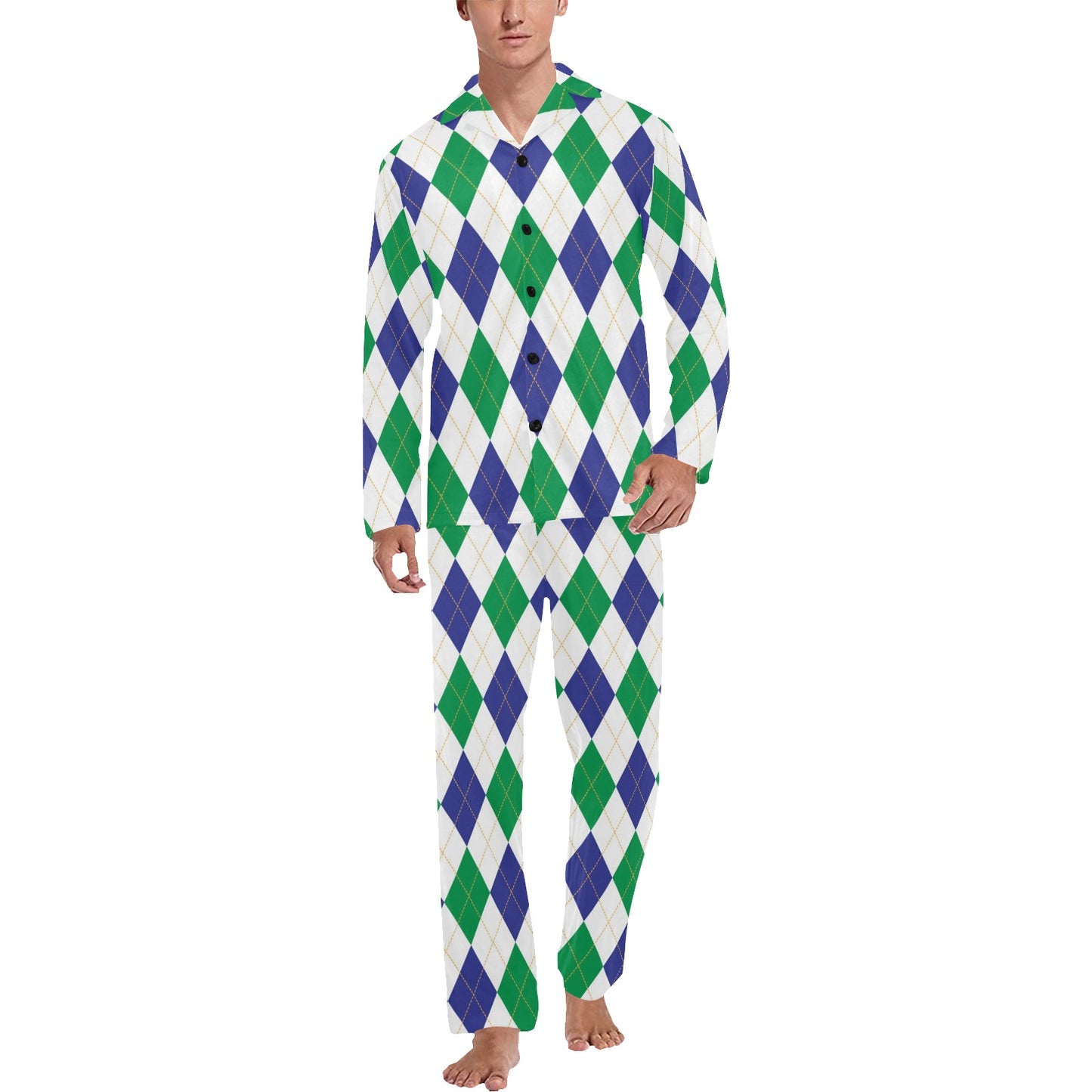 Argyle Green Blue Pattern Print Design 03 Men's Long Pajama Set