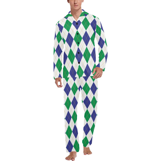 Argyle Green Blue Pattern Print Design 03 Men's Long Pajama Set