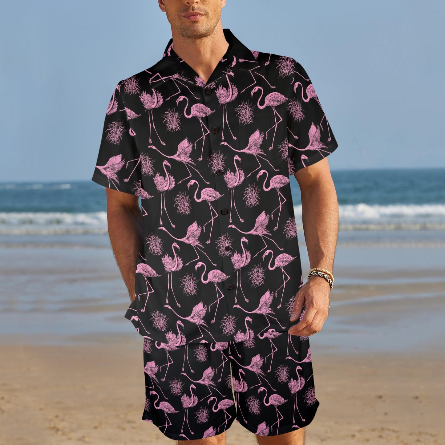 Flamingo Pink Print Pattern Men's Beach Shirt and Shorts Set