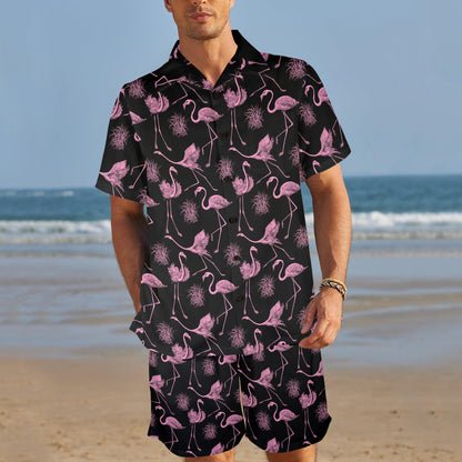 Flamingo Pink Print Pattern Men's Beach Shirt and Shorts Set
