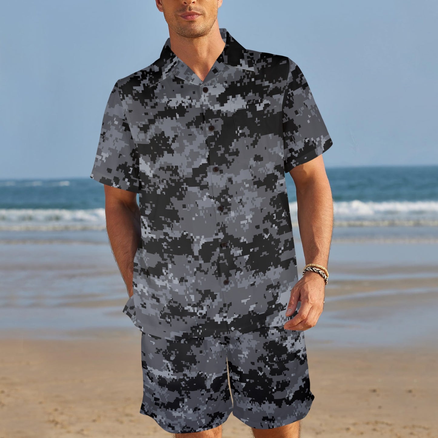 ACU Digital Black Camouflage Men's Beach Shirt and Shorts Set