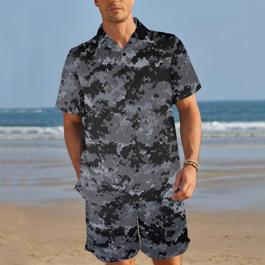 ACU Digital Black Camouflage Men's Beach Shirt and Shorts Set