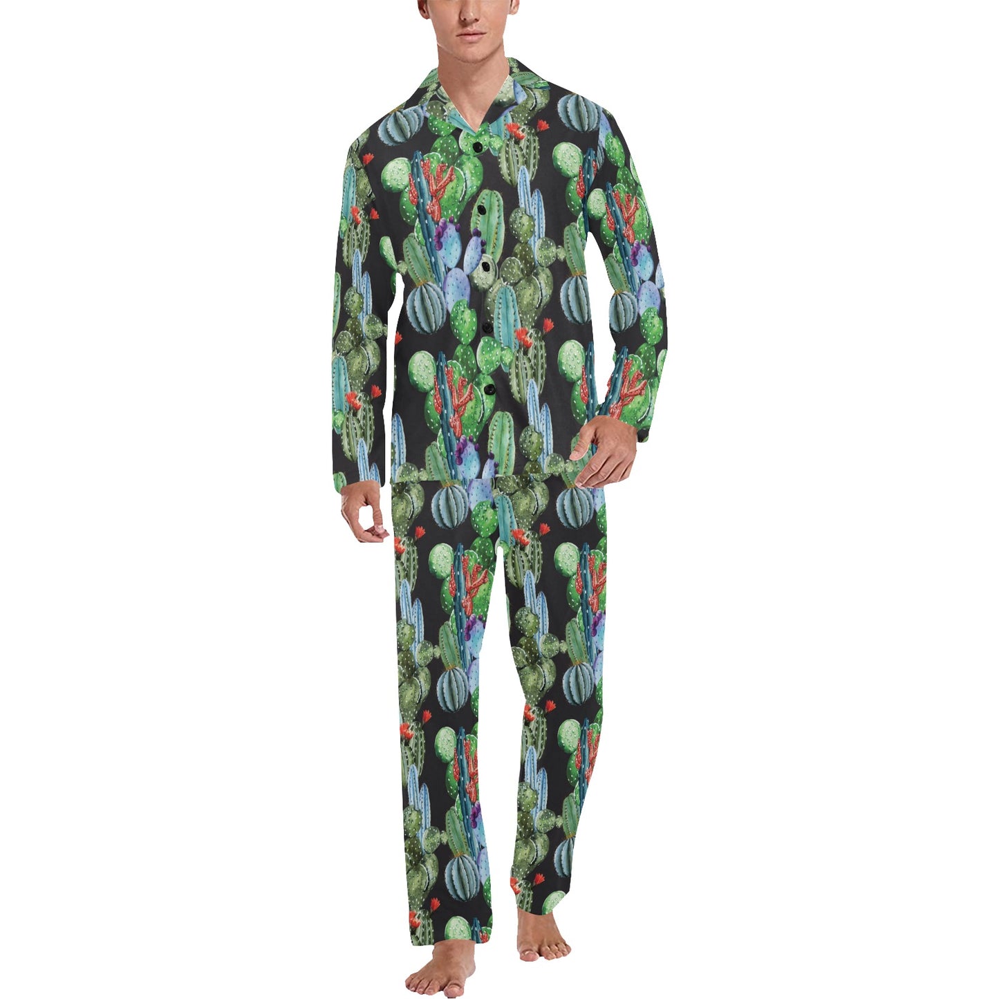 Cactus Watercolor Style Print Men's Long Pajama Set