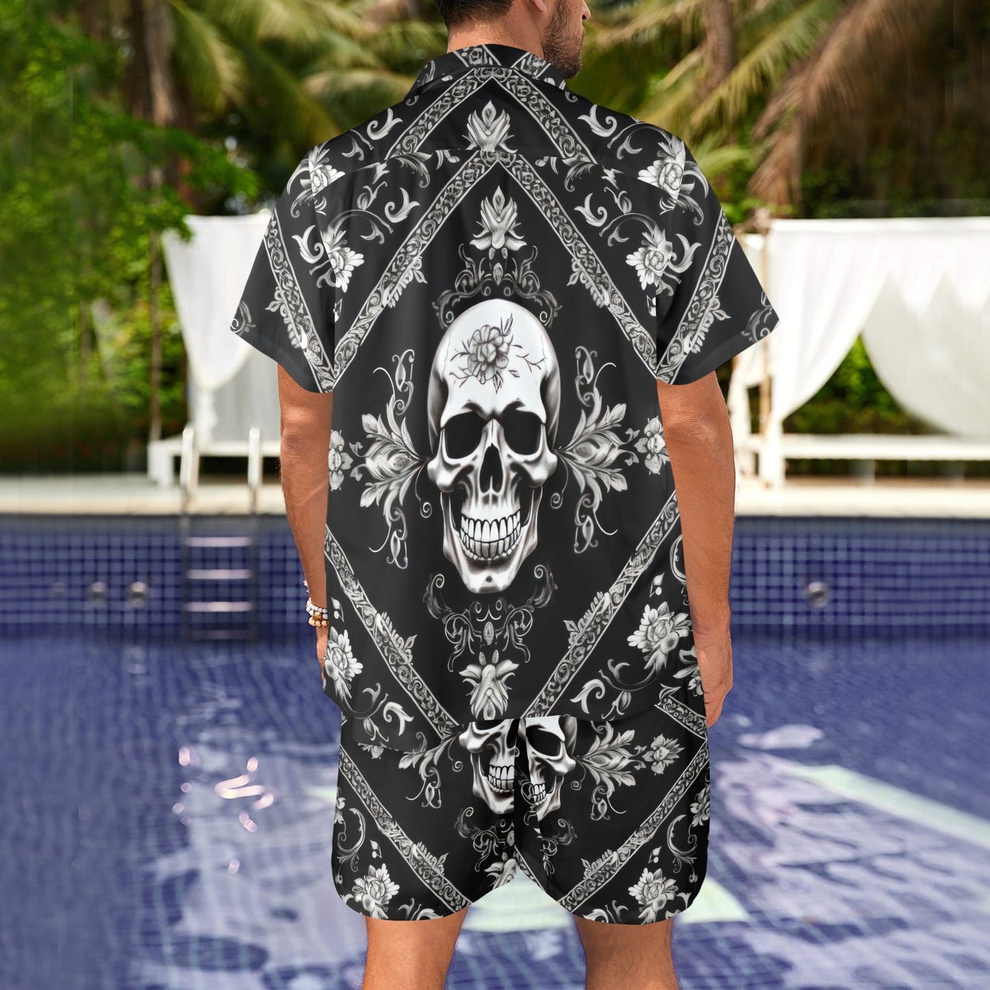 Bandana Black Style with Skull Men's Beach Shirt and Shorts Set