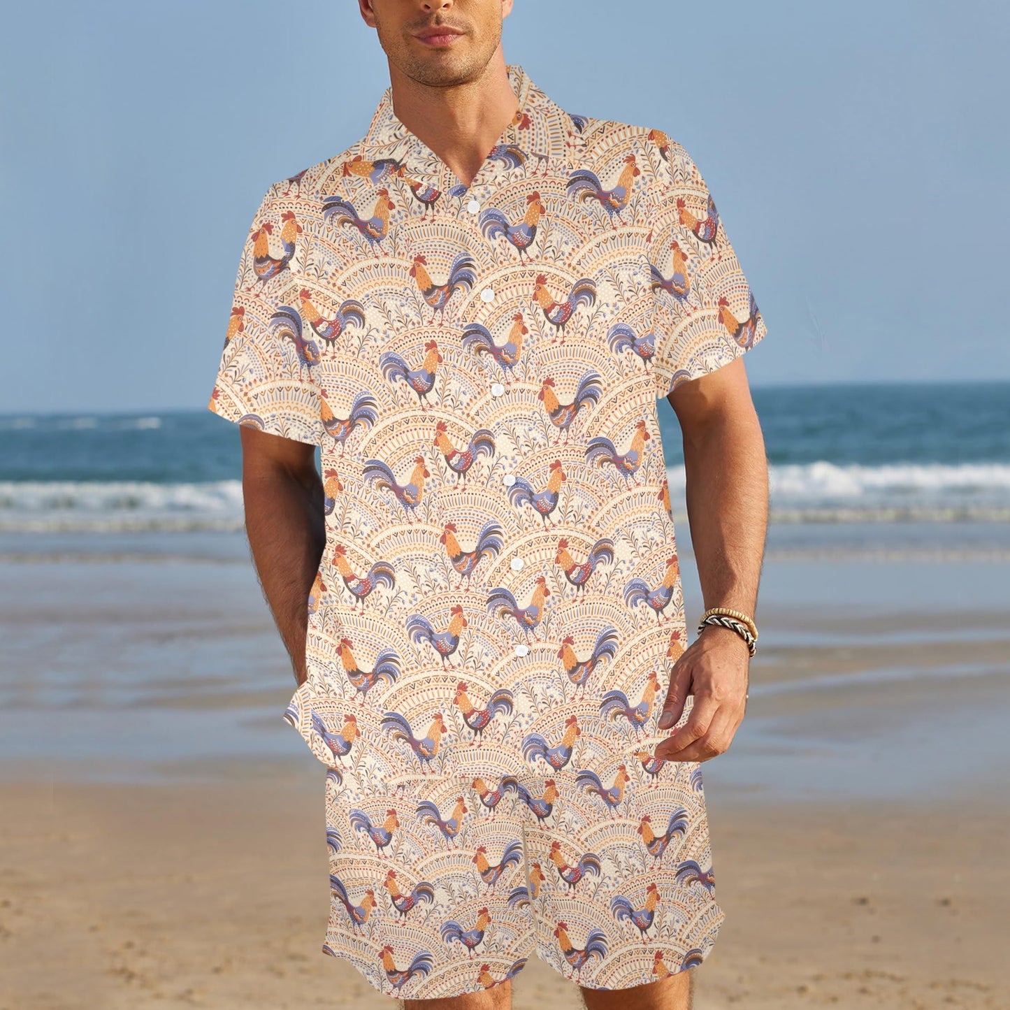 Chicken Boho Style Pattern Men's Beach Shirt and Shorts Set