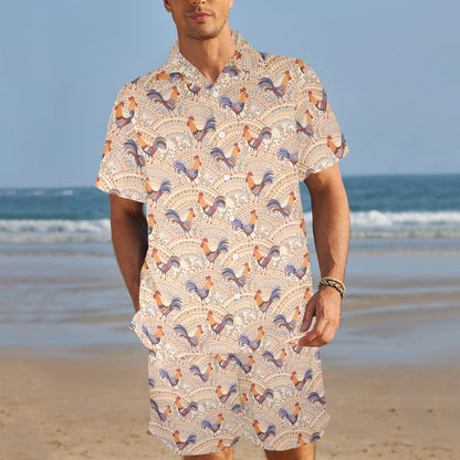 Chicken Boho Style Pattern Men's Beach Shirt and Shorts Set