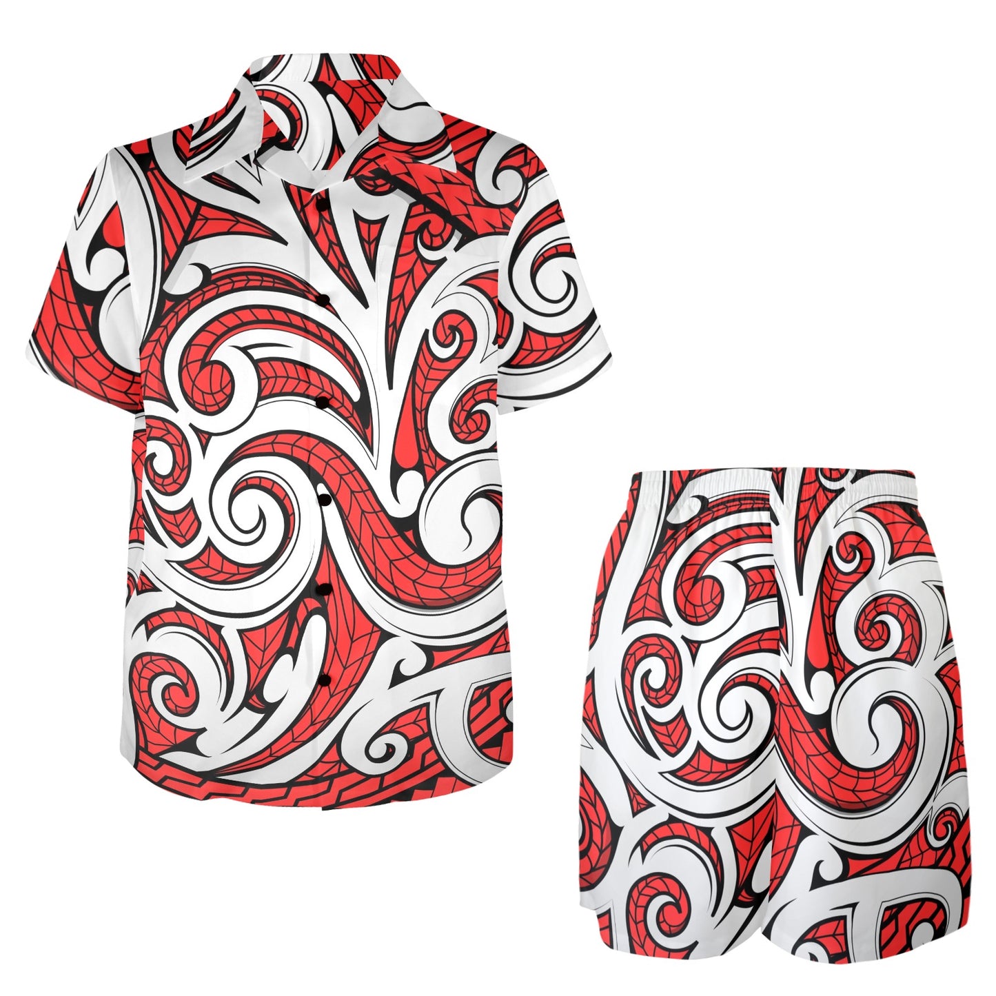 Maori Polynesian Themed Design Print Men's Beach Shirt and Shorts Set