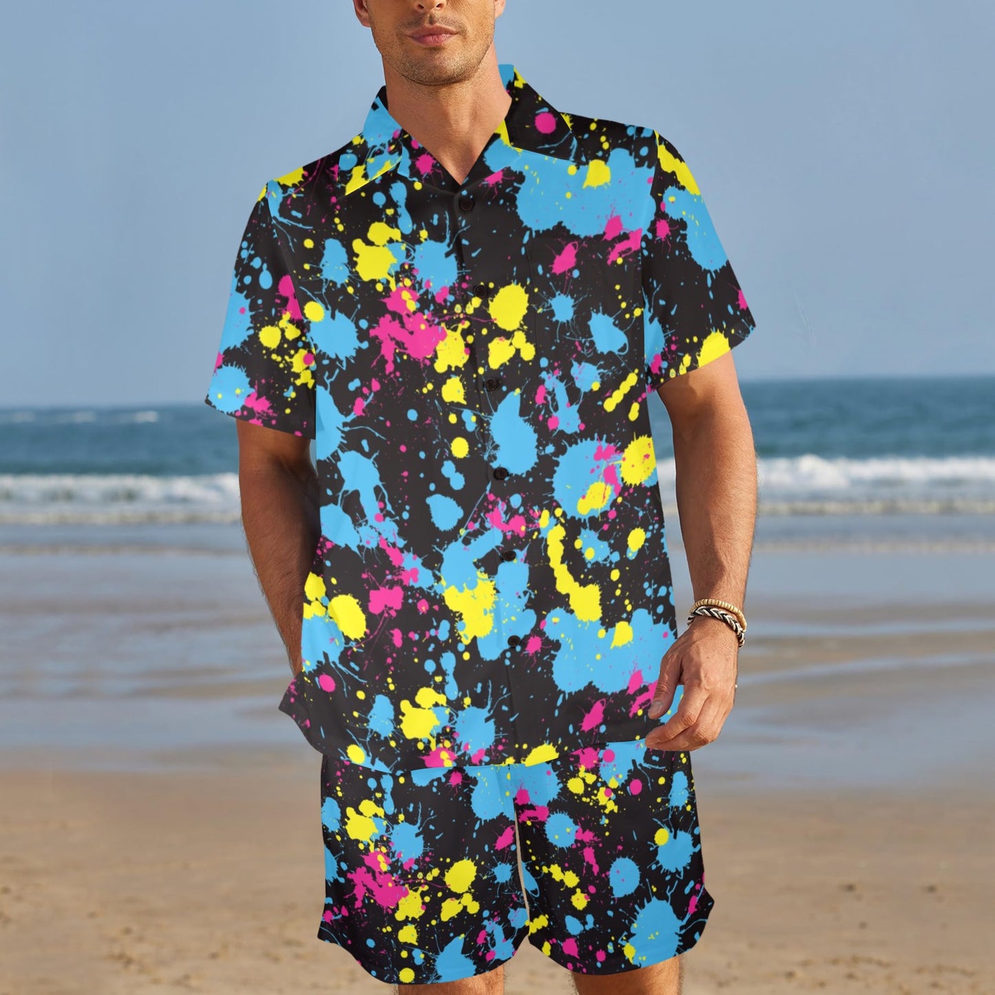 Splatter Colorful Print Design LKS301 Men's Beach Shirt and Shorts Set
