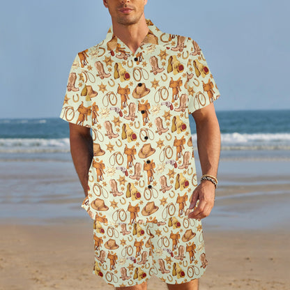 Western Cowboy Design Pattern Men's Beach Shirt and Shorts Set