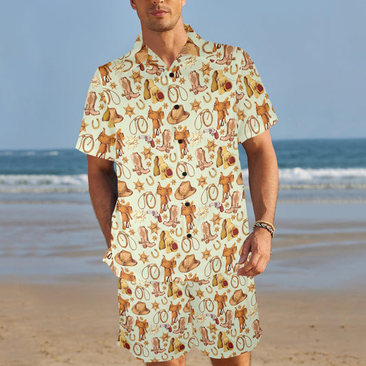 Western Cowboy Design Pattern Men's Beach Shirt and Shorts Set