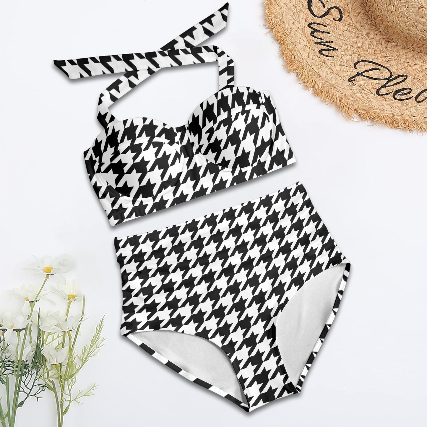Houndstooth Black White Pattern Print Design 05 Halter Neck Bikini Swimsuit