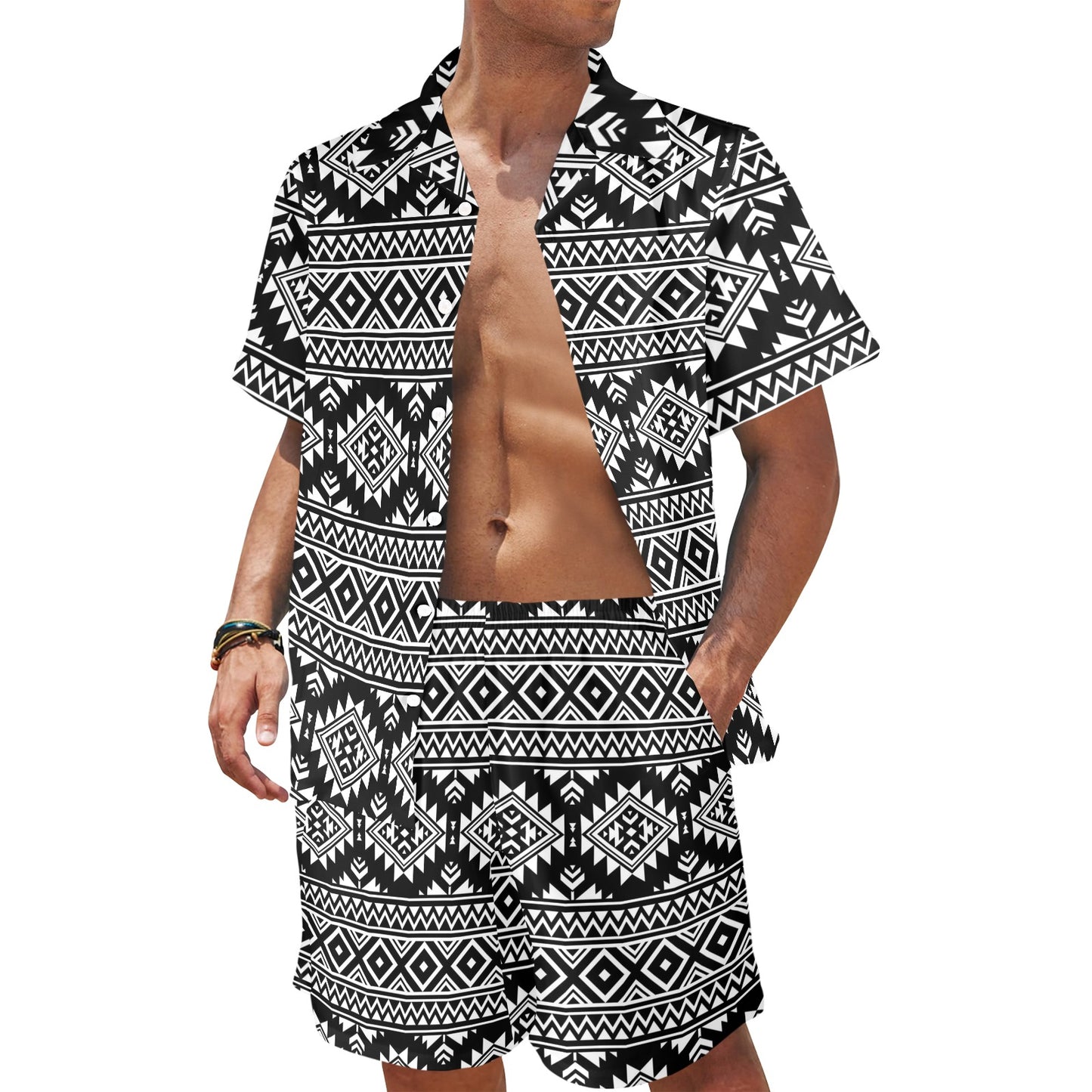 Aztec Black White Print Pattern Men's Beach Shirt and Shorts Set