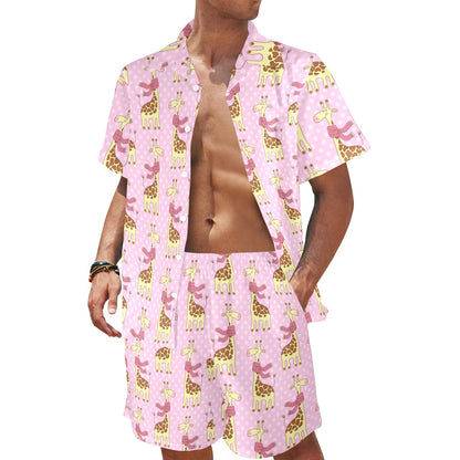 Giraffe Cute Pink Polka Dot Print Men's Beach Shirt and Shorts Set