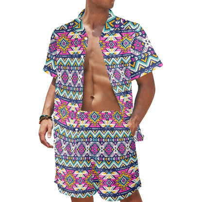 Aztec Pink Geometric Print Pattern Men's Beach Shirt and Shorts Set