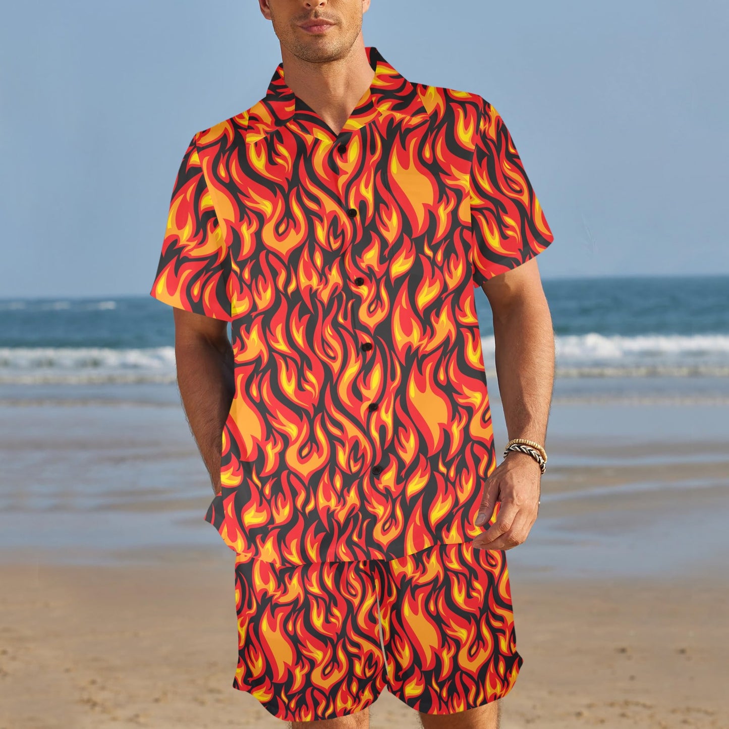 Flame Fire Print Pattern Men's Beach Shirt and Shorts Set
