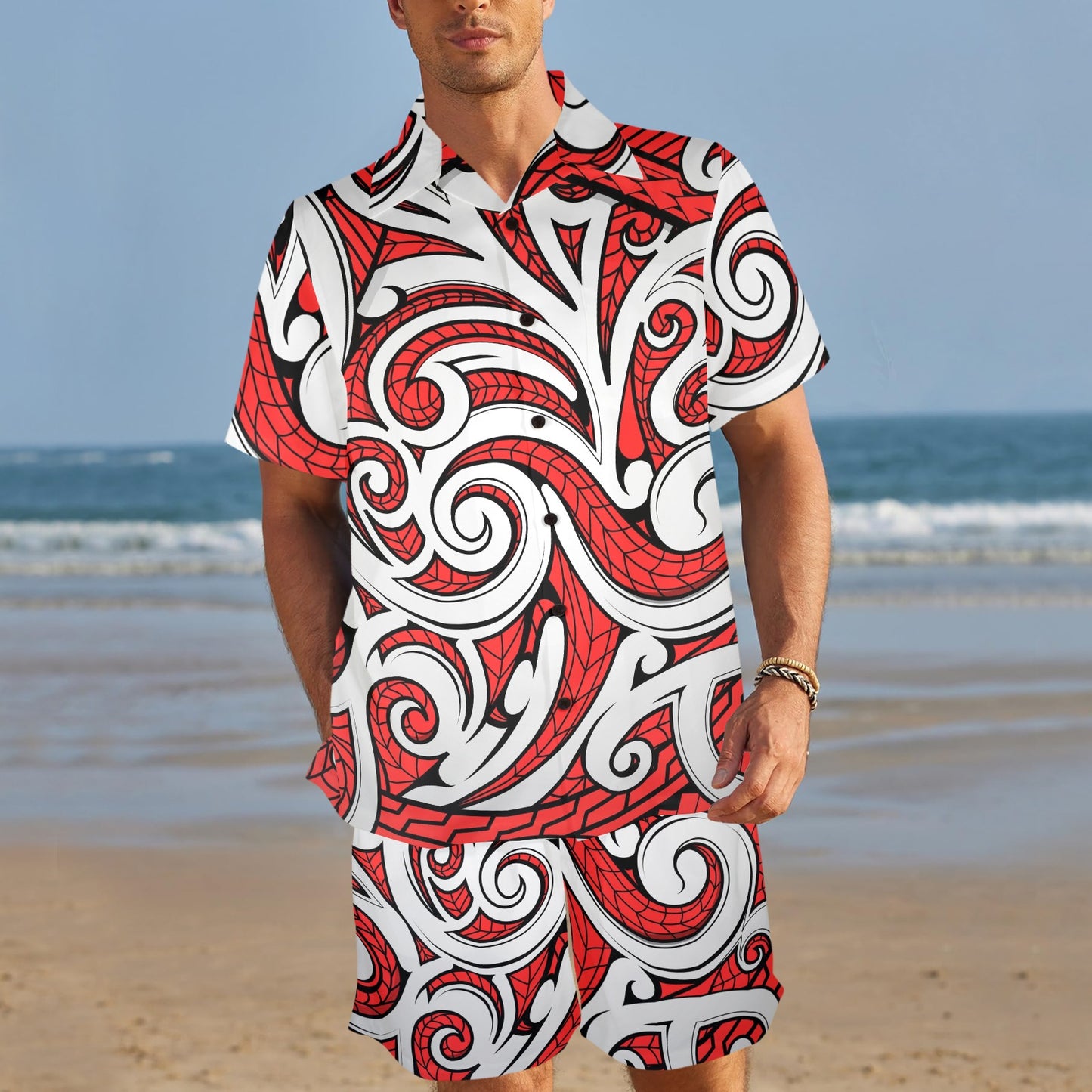 Maori Polynesian Themed Design Print Men's Beach Shirt and Shorts Set