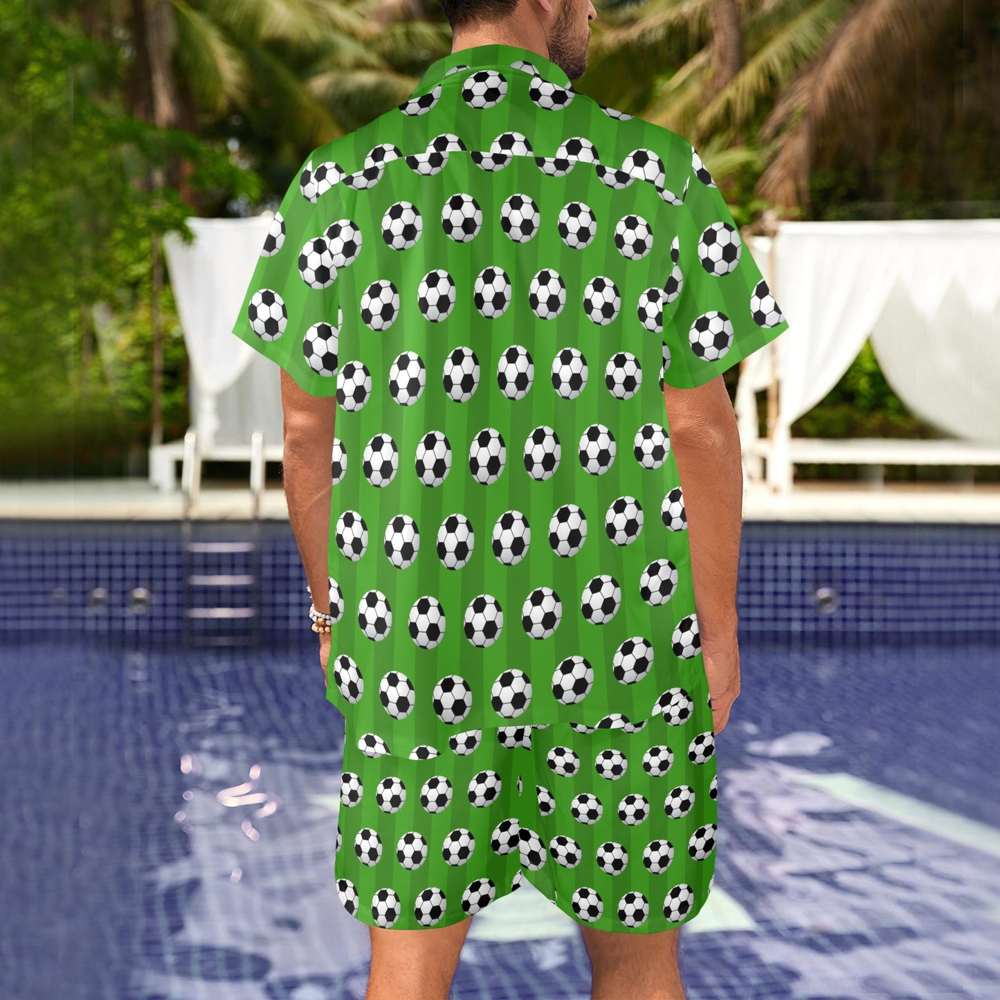 Soccer Ball Green Backgrpund Print Men's Beach Shirt and Shorts Set