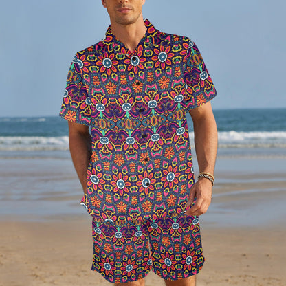 Ethnic Flower Style Print Pattern Men's Beach Shirt and Shorts Set