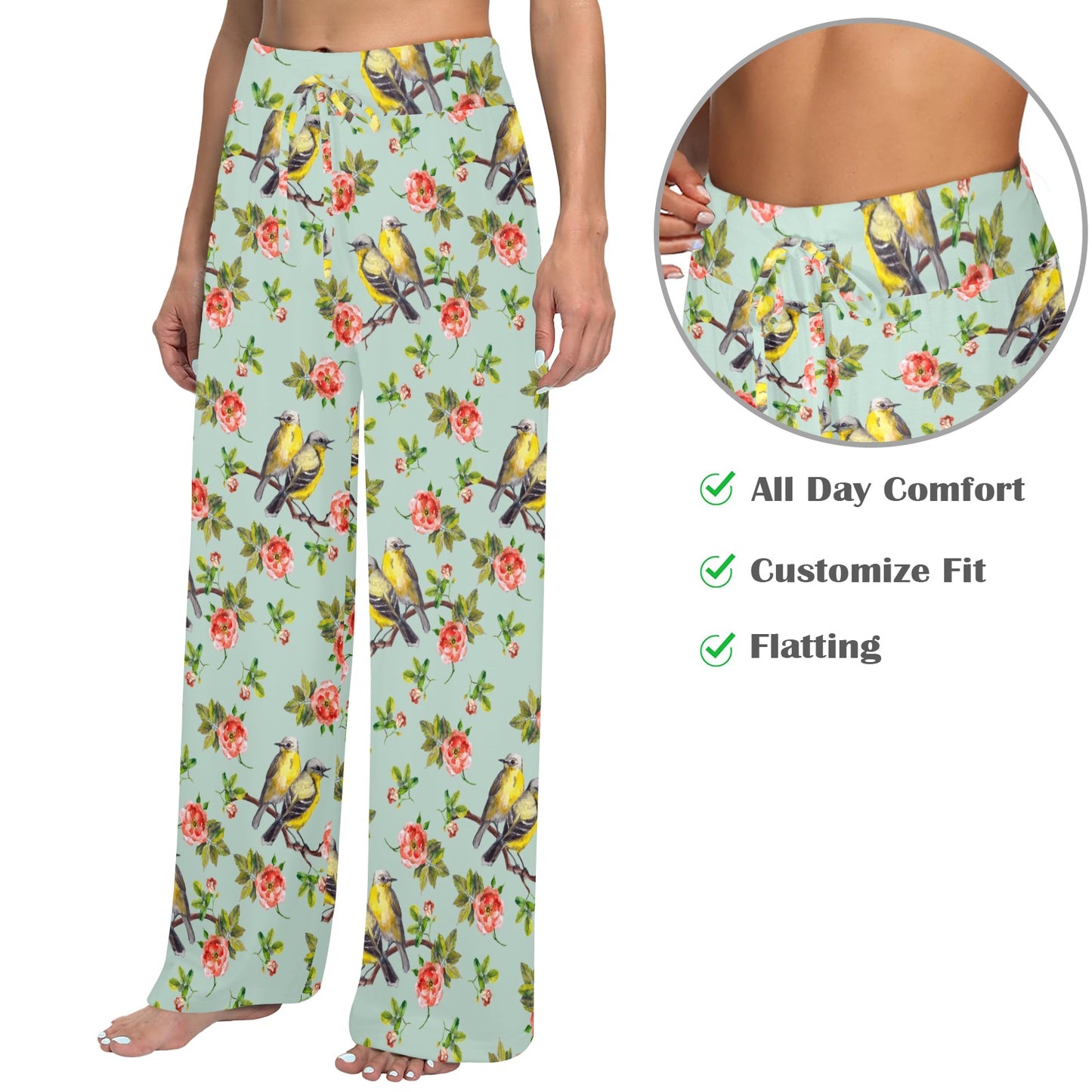 Bird with Red Flower Print Pattern Women's Wide Leg Lounge Pants