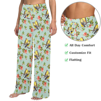 Bird with Red Flower Print Pattern Women's Wide Leg Lounge Pants