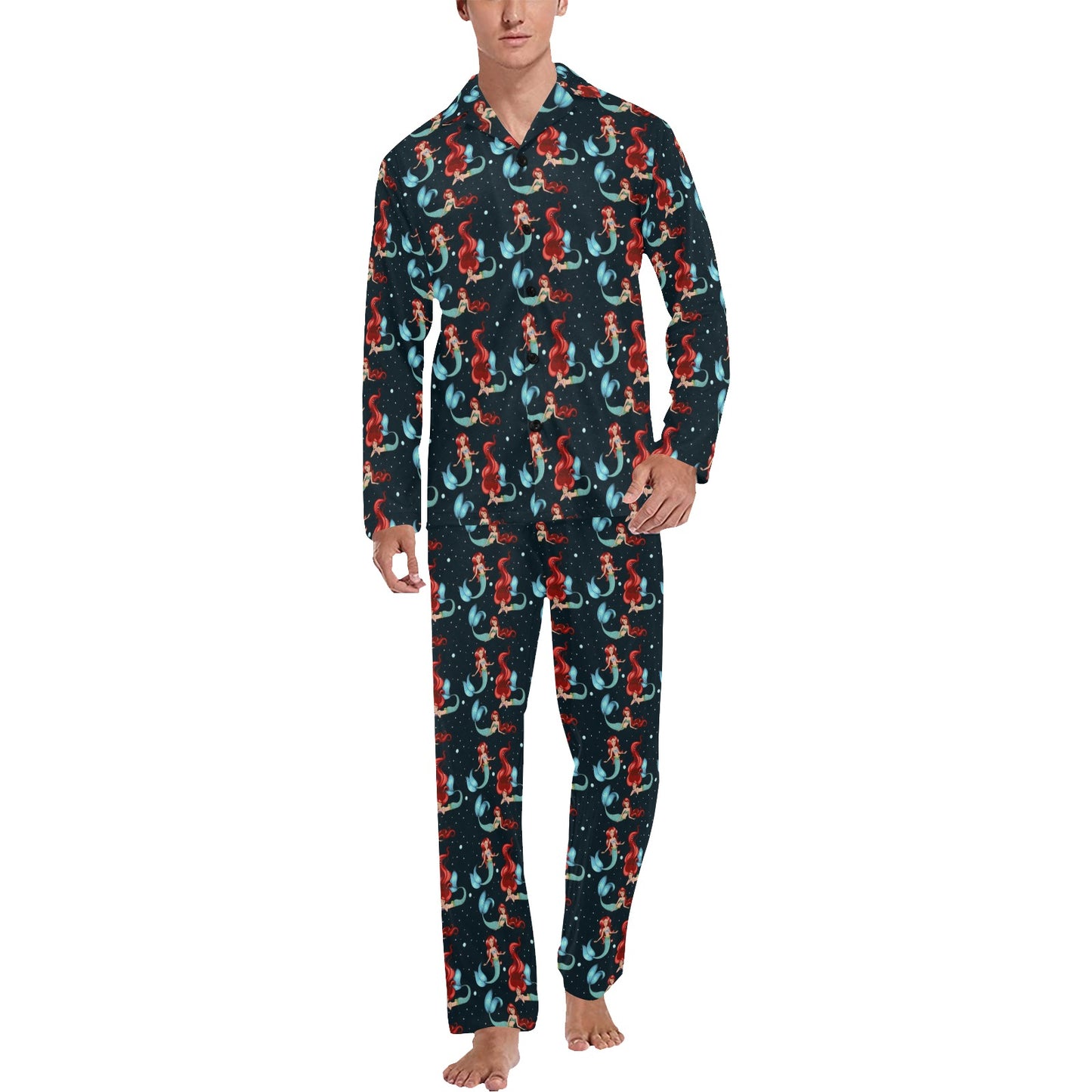 Mermaid Girl Themed Design Print Men's Long Pajama Set