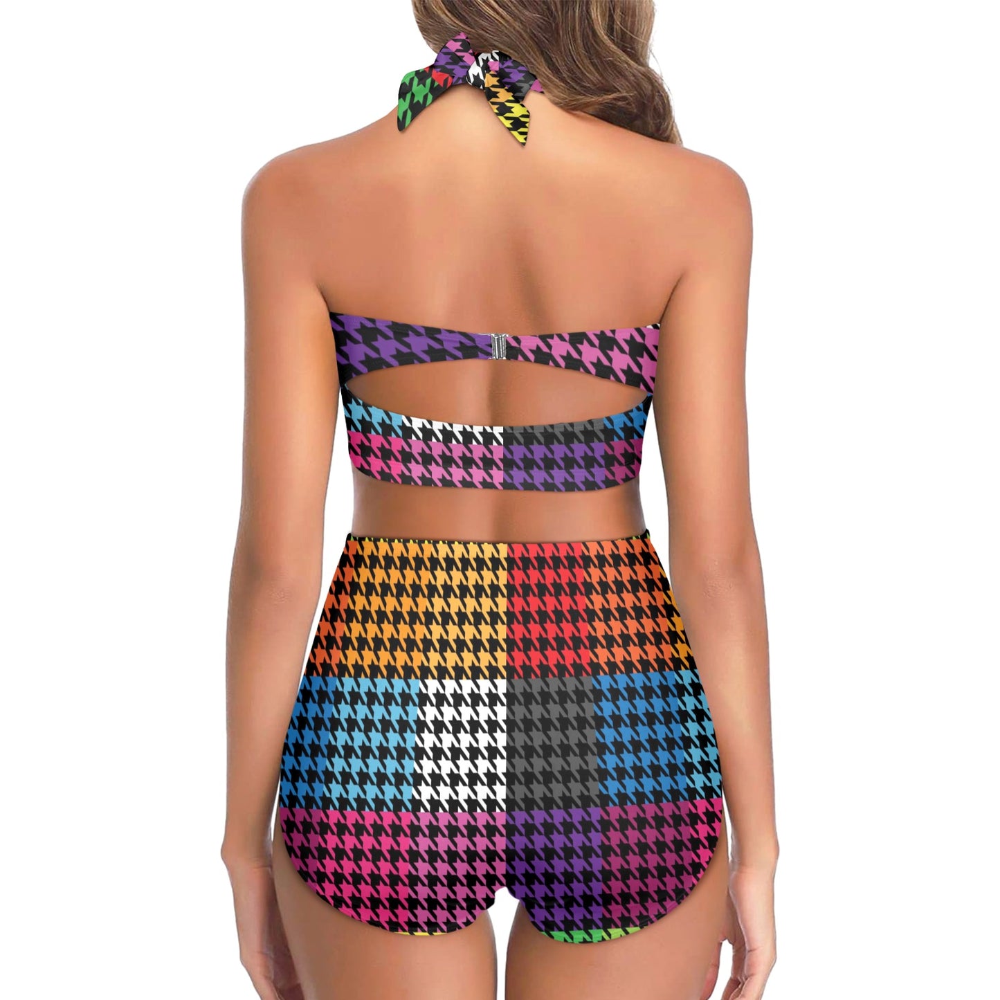 Houndstooth Colorful Pattern Print Design 01 Halter Neck Bikini Swimsuit