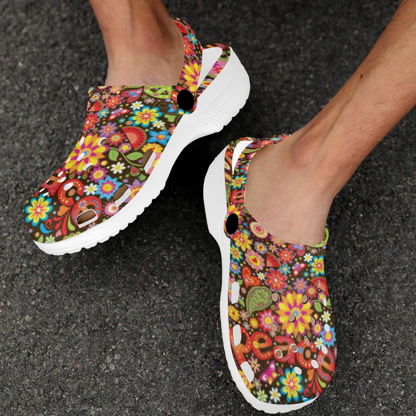 Flower Power Peace Paisley Themed Print Unisex Clogs Shoes