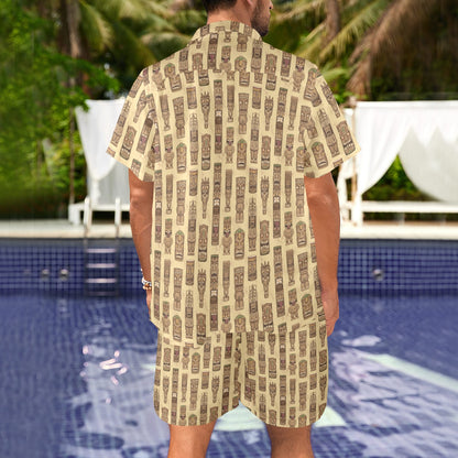 Totem Tiki Style Themed Design Men's Beach Shirt and Shorts Set