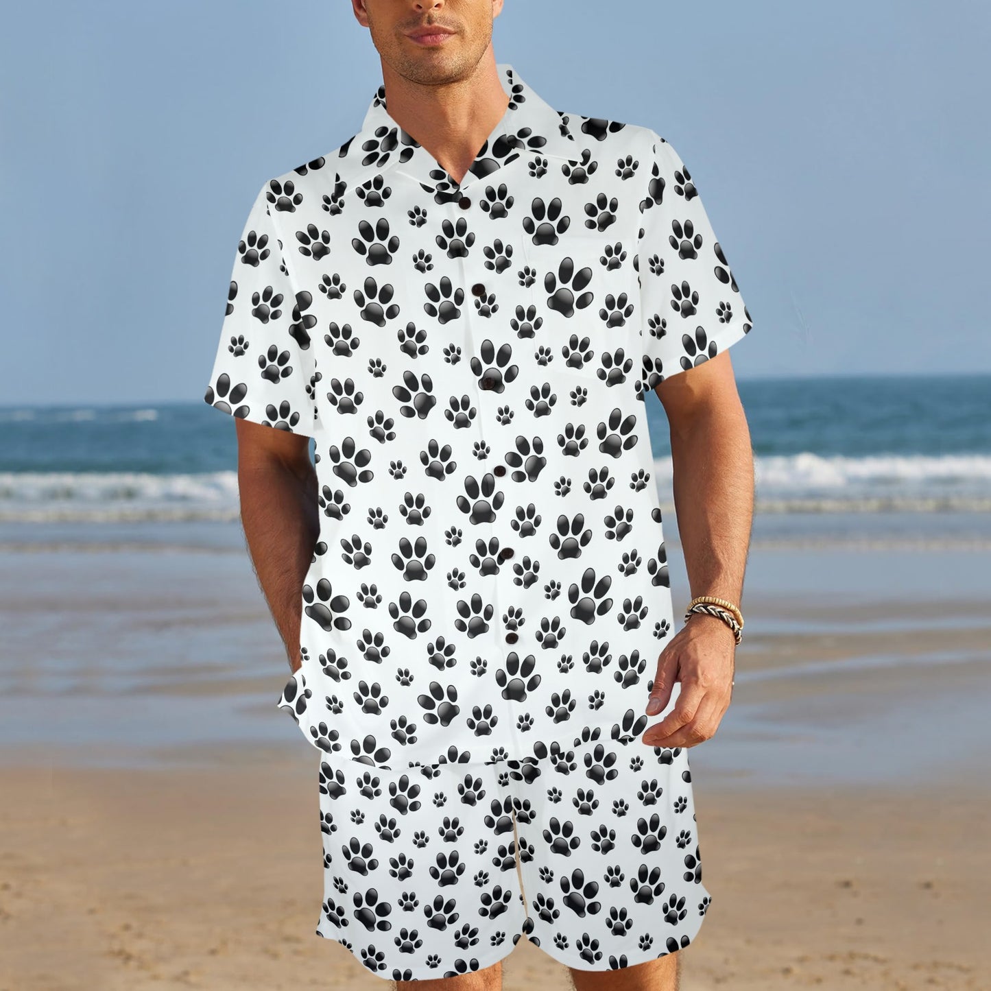 Paw Themed Print Men's Beach Shirt and Shorts Set