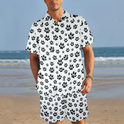 Paw Themed Print Men's Beach Shirt and Shorts Set