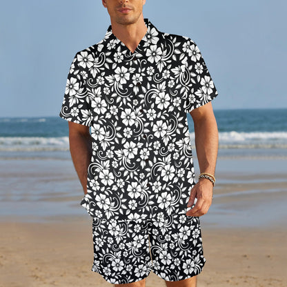 Floral Black White Themed Print Men's Beach Shirt and Shorts Set