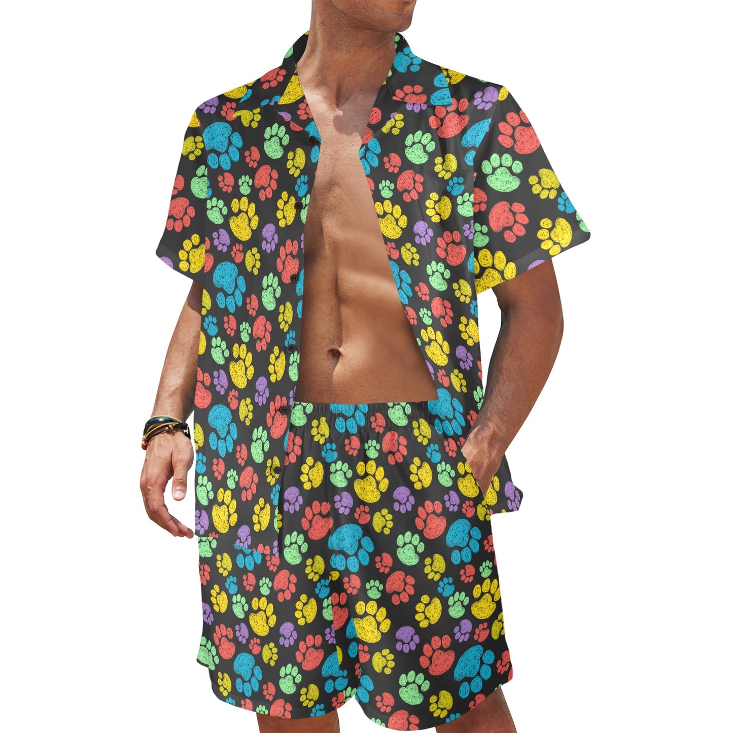 Paw Colorful Print Men's Beach Shirt and Shorts Set