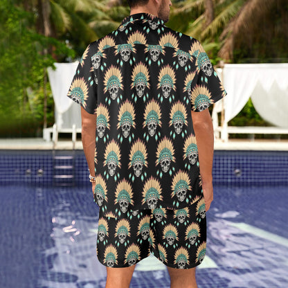 American indian Skull Pattern Men's Beach Shirt and Shorts Set