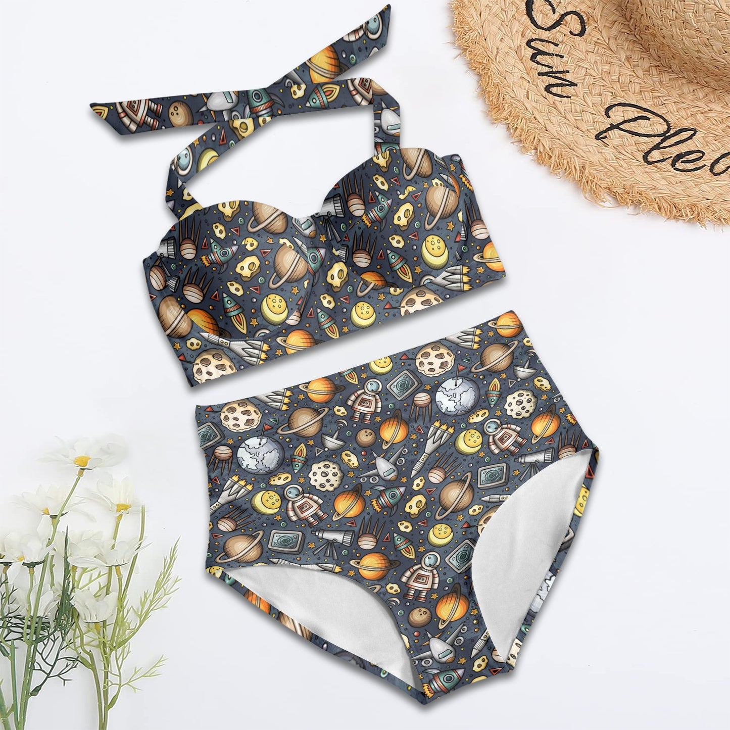Space Pattern Print Halter Neck Bikini Swimsuit