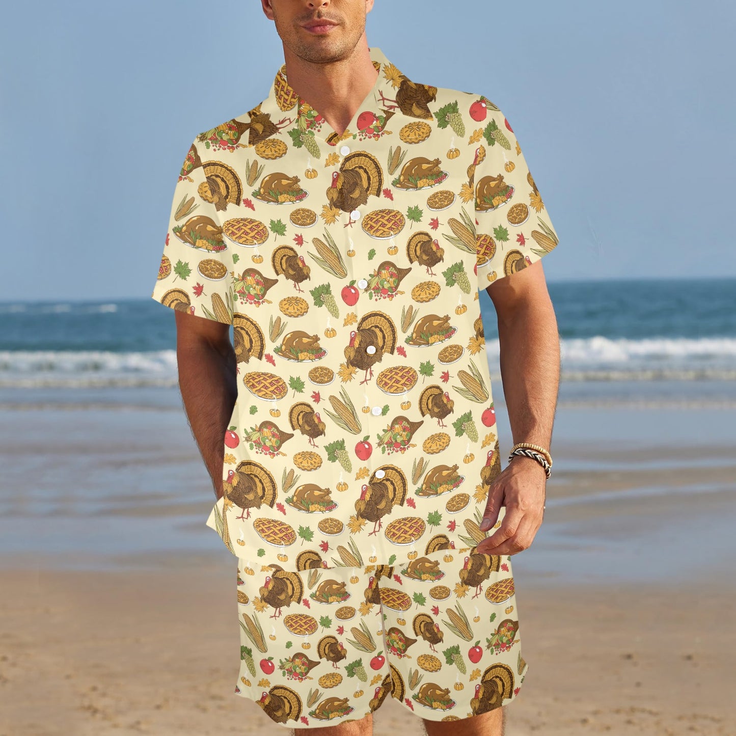 Thanksgiving Print Design LKS302 Men's Beach Shirt and Shorts Set