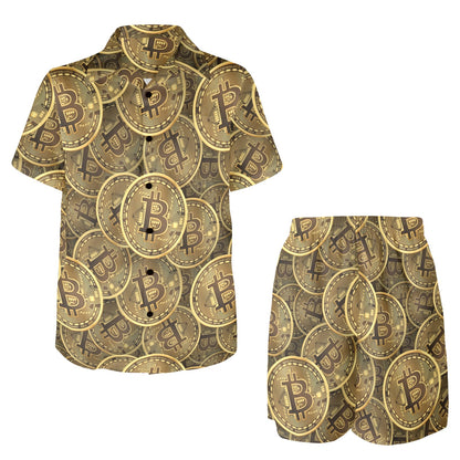 Bitcoin Pattern Print Design DO01 Men's Beach Shirt and Shorts Set