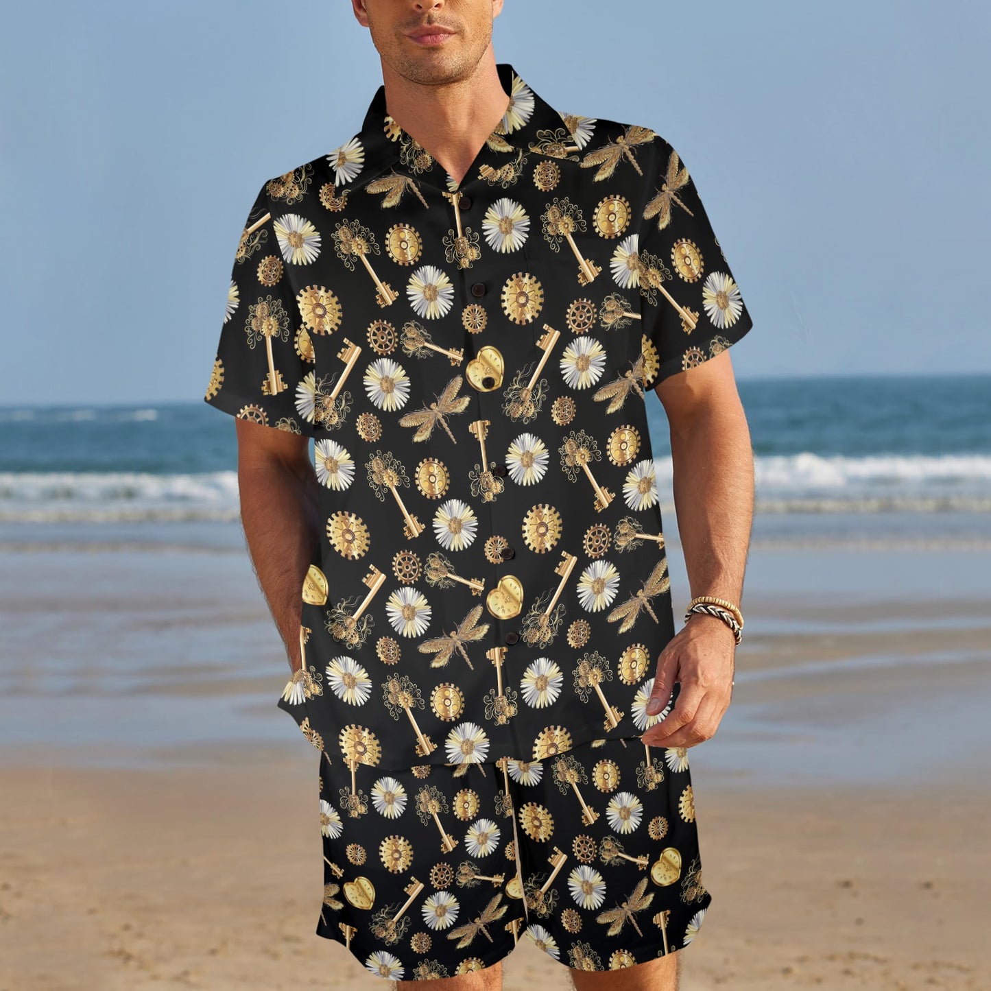 Steampunk Dragonfly Design Themed Print Men's Beach Shirt and Shorts Set