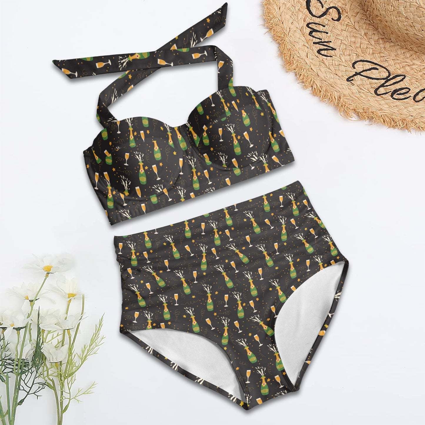Champagne Pattern Print Design 04 Halter Neck Bikini Swimsuit