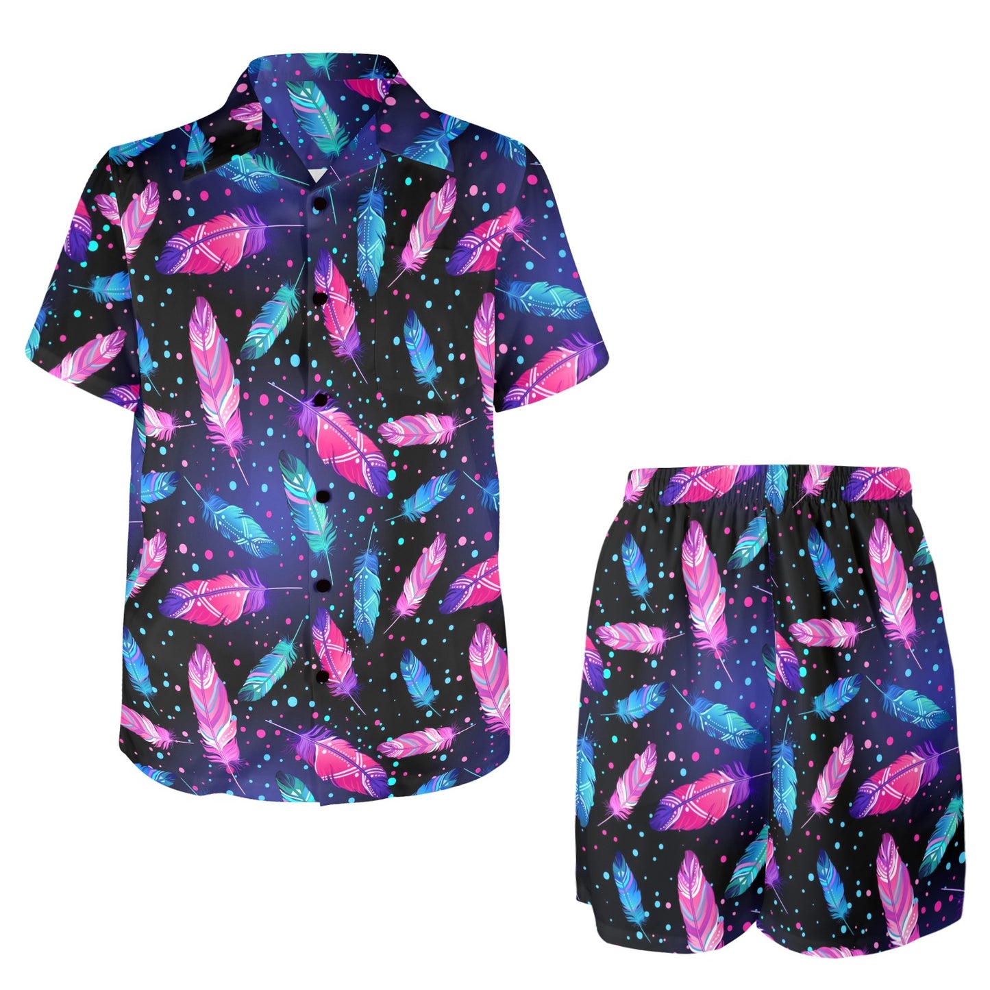 Feather Colorful Boho Design Print Men's Beach Shirt and Shorts Set